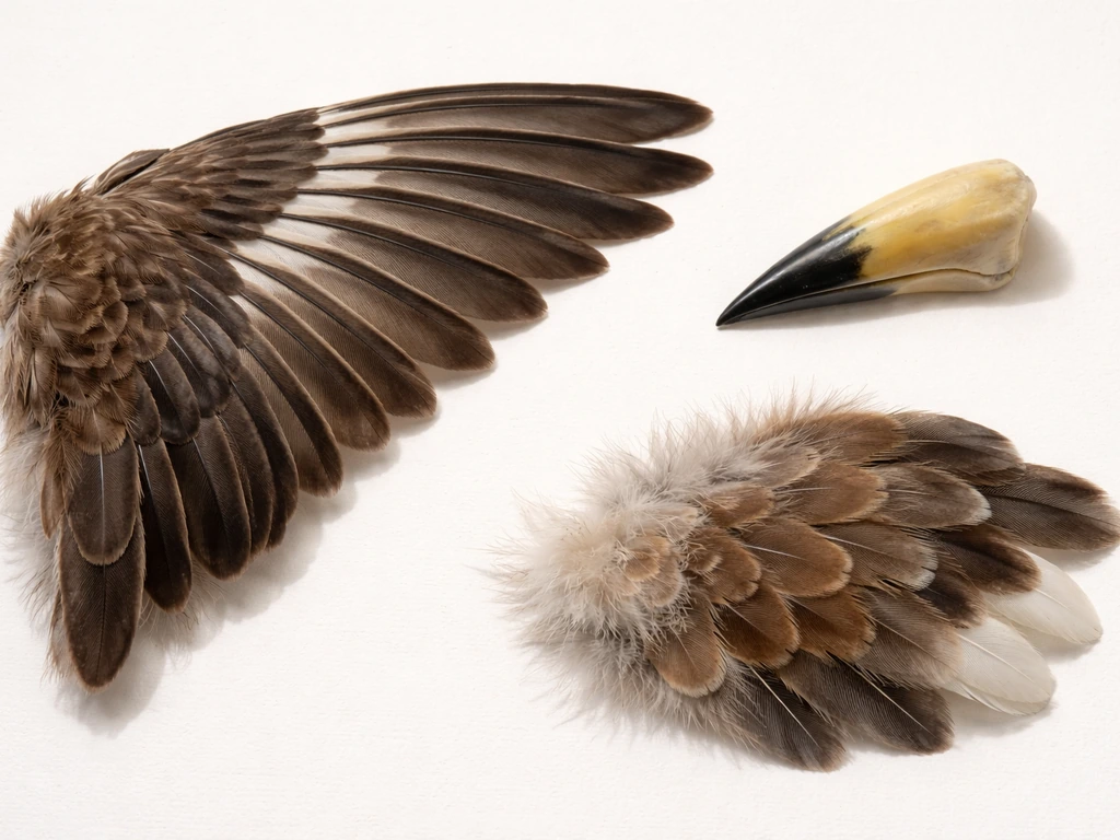 Close-up of feathered wing, bird beak, and overlapping feathers on a neutral background.