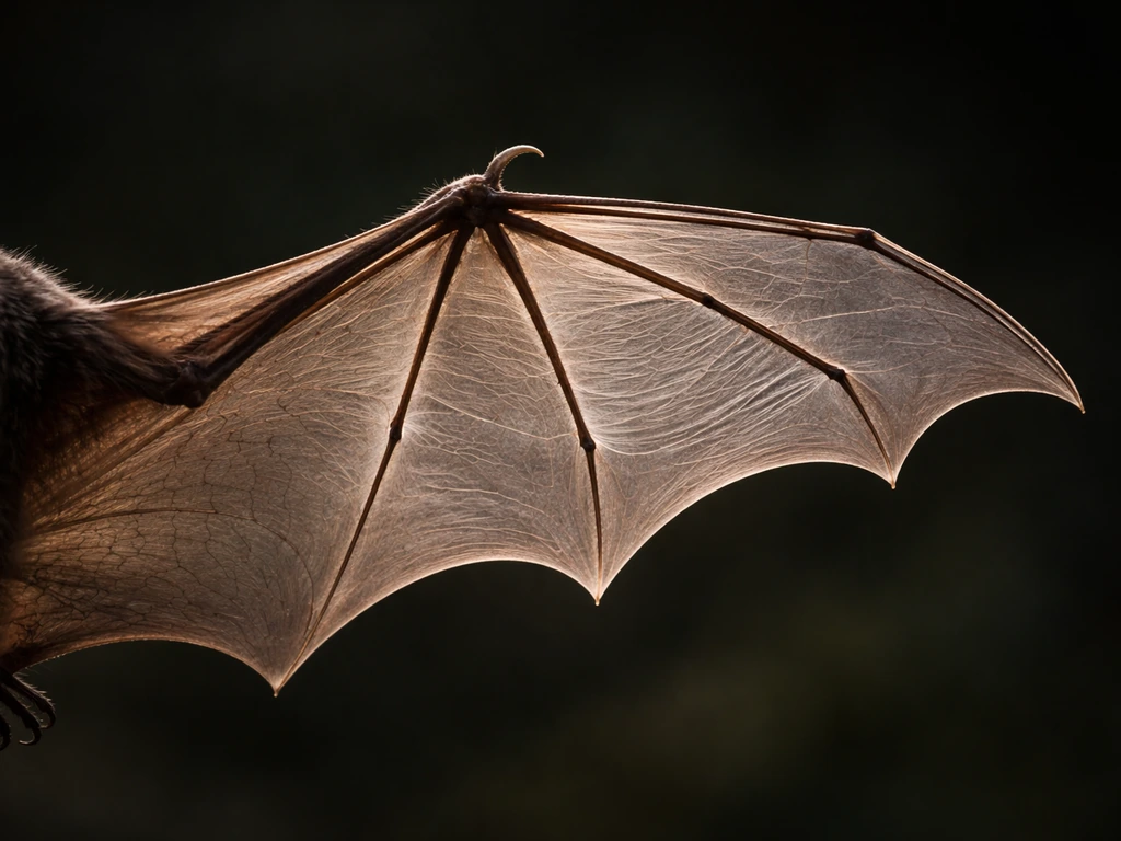 Close-up of a bat wing anatomy with finger bones supporting thin membrane, shown side-on in natural detail