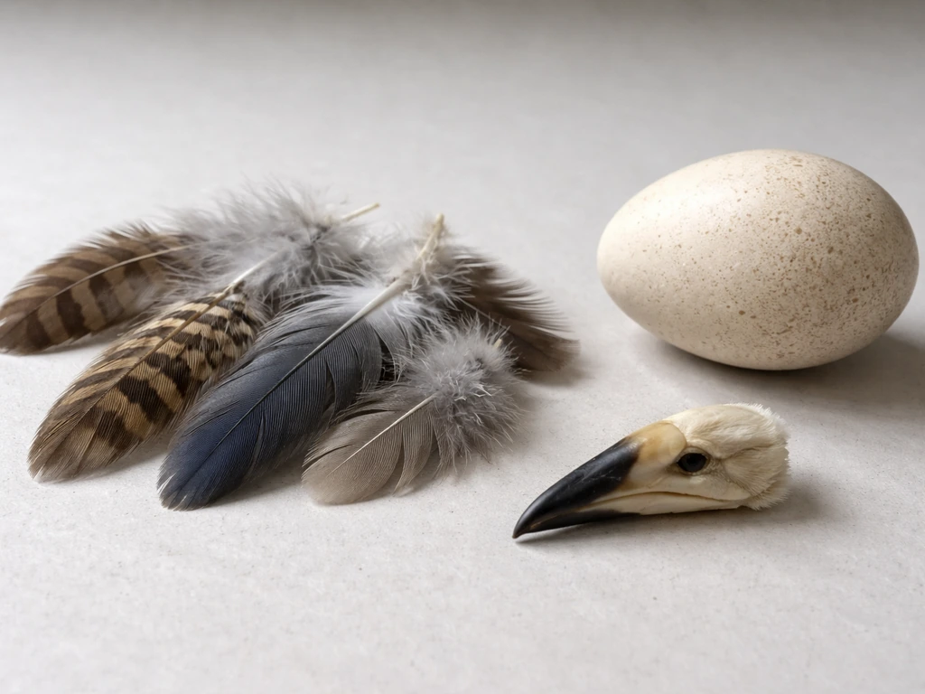 Close-up of feathers, a keratin beak, and a hard-shelled bird egg on a neutral surface.