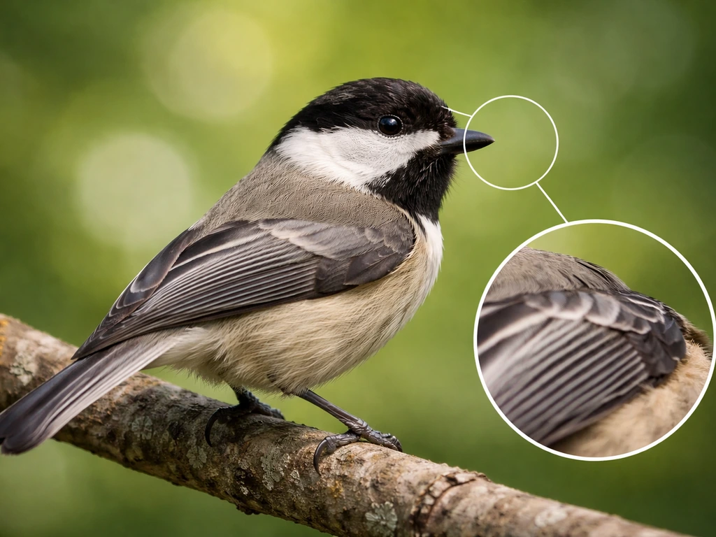 Close-up of a backyard bird on a branch with an inset showing beak and feather details