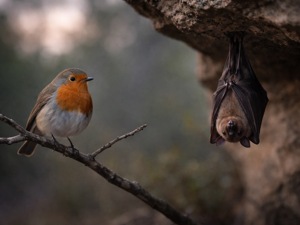 Minimal photo showing a bird perched beside a bat hanging in a quiet natural setting.