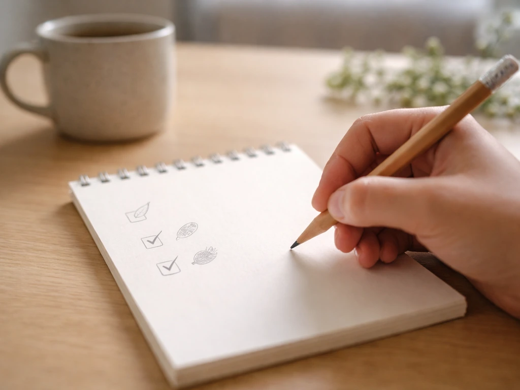 Close-up of a hand marking a blank checklist in a notebook on a sunlit table.