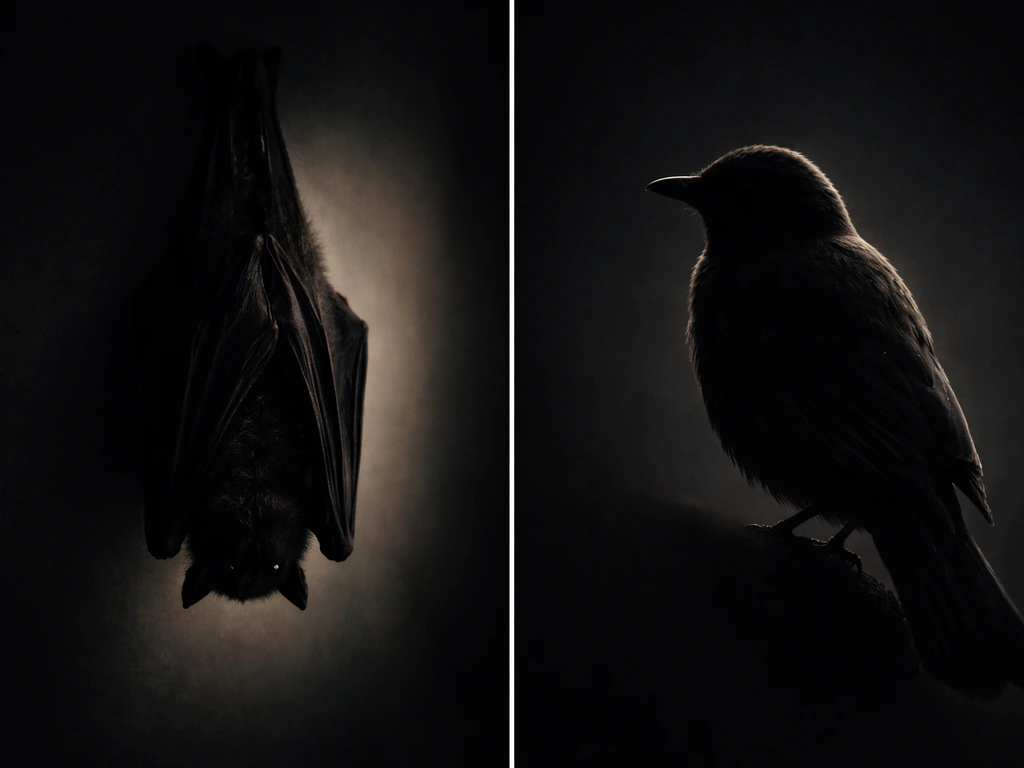 Side-by-side silhouettes showing a bat with fur texture on the left and a bird with feathers on the right.
