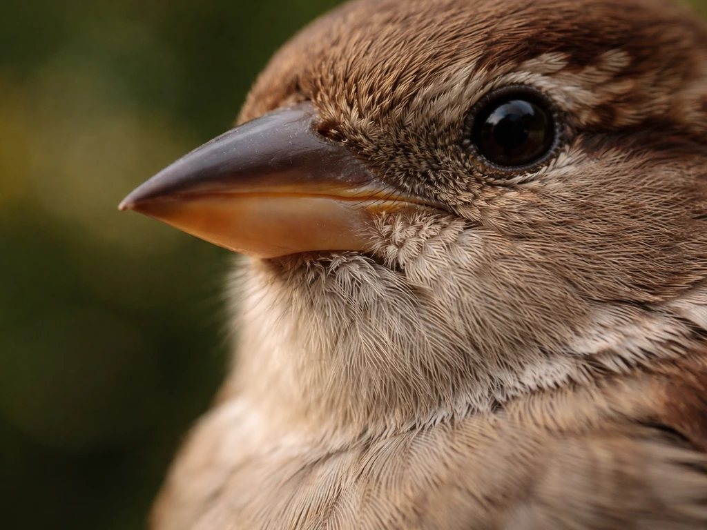 Close-up of a bird’s beak and textured feathers in soft natural light