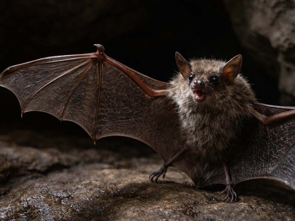 Close-up of a bat’s wings spread, showing the leathery membrane stretched between finger bones.