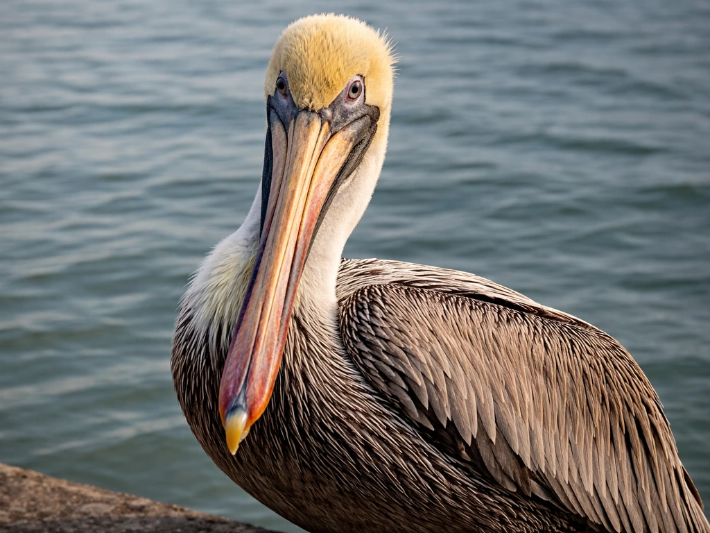 Close-up of a pelican with detailed visible feathers against softly blurred water background.
