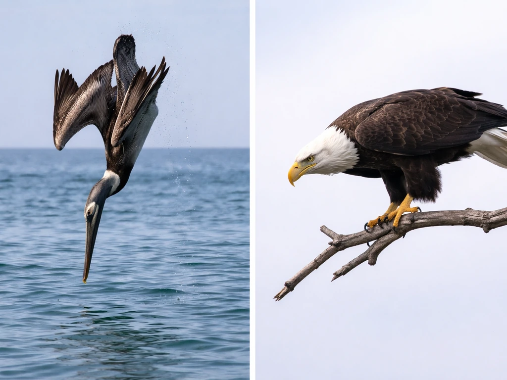 Brown pelican diving for fish beside a raptor perched in a hunting posture, contrasting feeding styles.