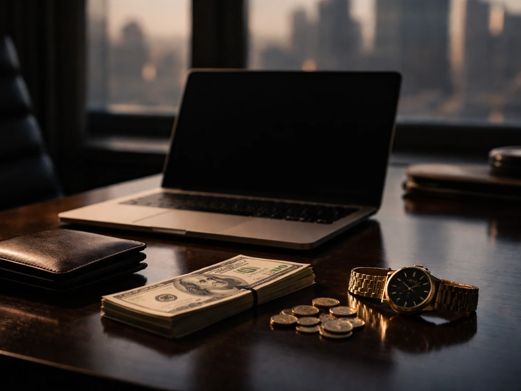Moody office desk scene with a laptop and scattered cash, symbolizing a fictional net worth inquiry