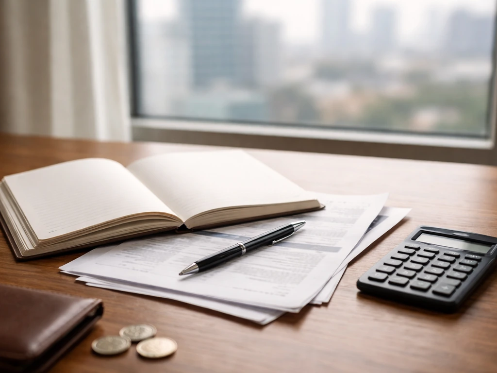 Minimal photo of a desk with scattered documents, a pen, and a calculator, symbolizing net-worth estimation