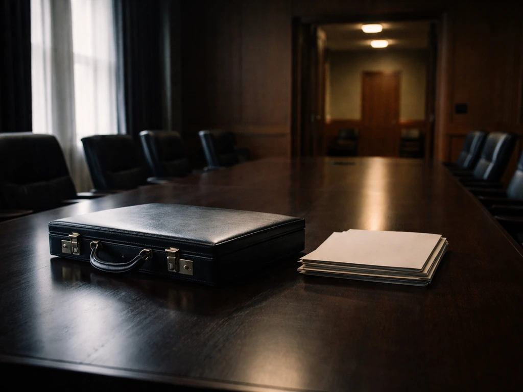 Empty corporate boardroom and courtroom-like setting with briefcase and documents, cinematic wealth mood.