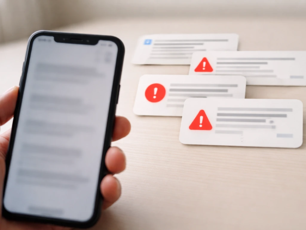 Blurred search-result cards with subtle red warning icons over an anonymous hand holding a phone.