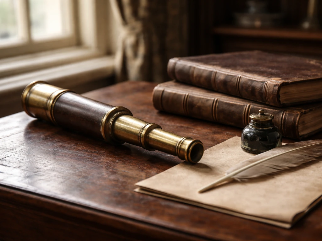 Close-up of vintage brass telescope on a wooden desk beside ledgers, symbolizing naval wealth analysis