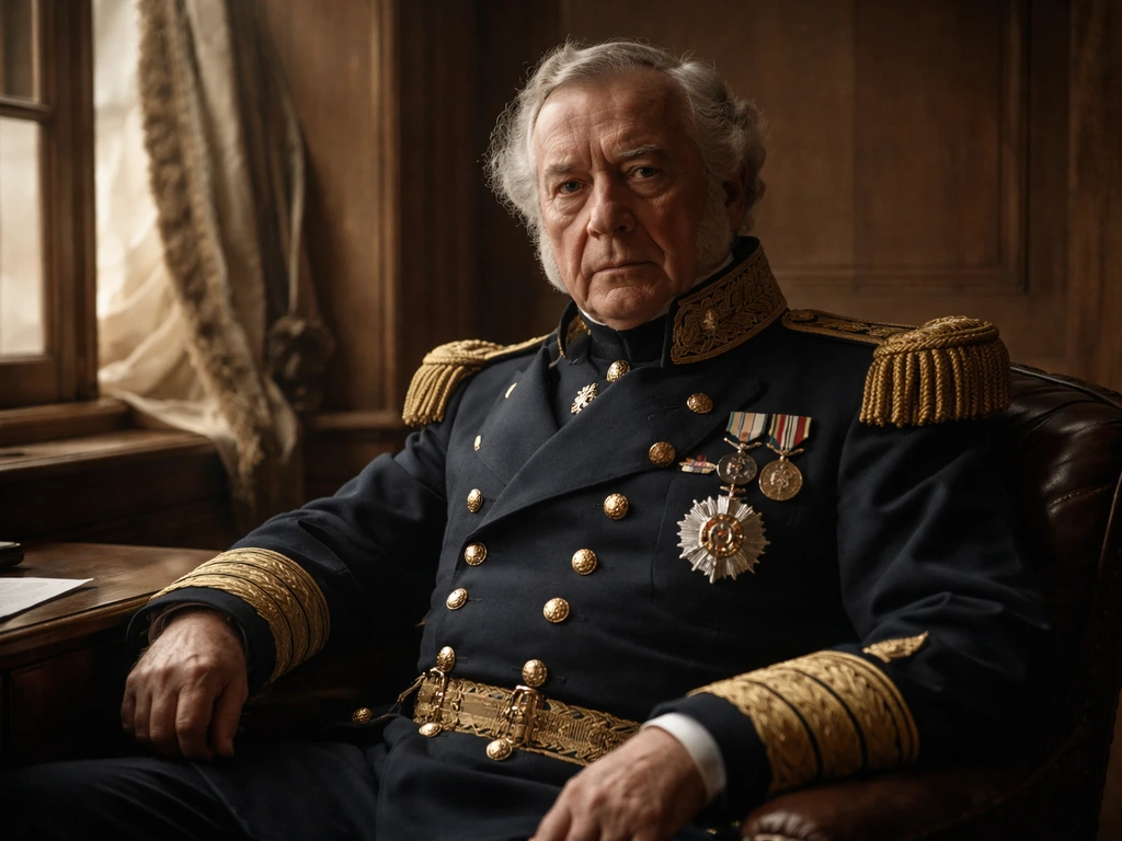Historically accurate Royal Navy admiral in uniform seated in a simple study, ship details softly blurred behind.