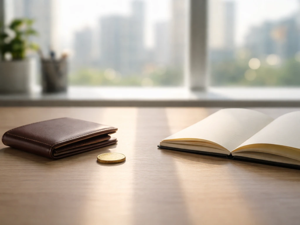 Minimal photo of a tidy desk with a closed leather wallet and a single coin beside a notebook