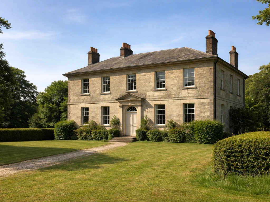Historic Georgian manor exterior at Merchistoun Hall in Horndean, Hampshire, in period-appropriate surroundings.