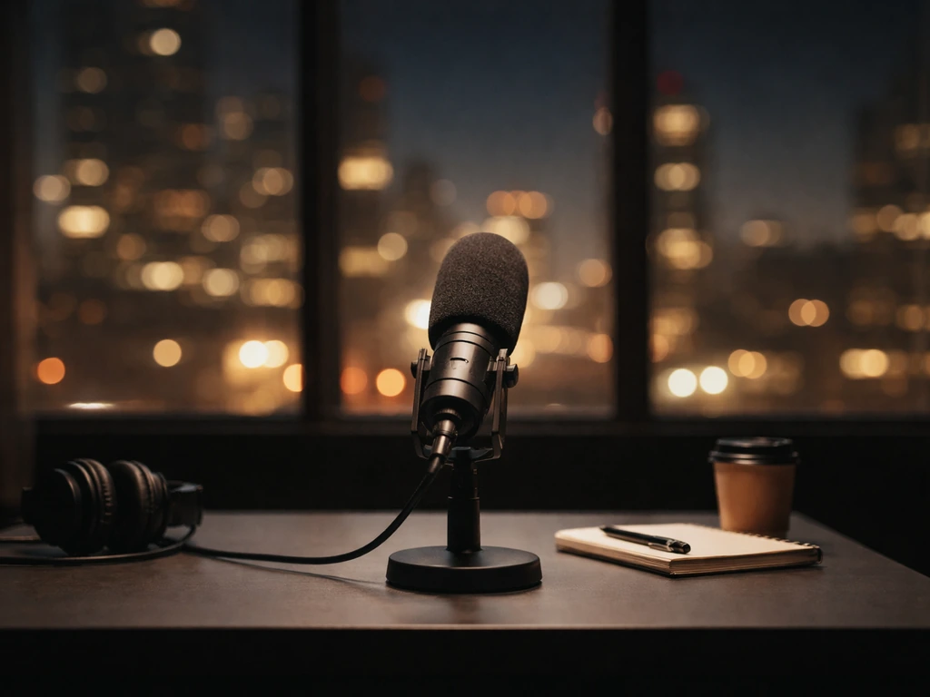 Minimal studio scene with a microphone and a dim city view, symbolizing a conservative media commentator era