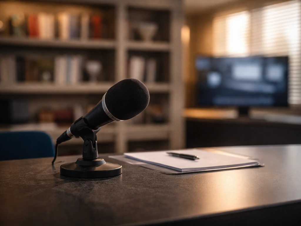 Unbranded TV newsroom set with microphone and desk, suggesting TV commentary and media earnings