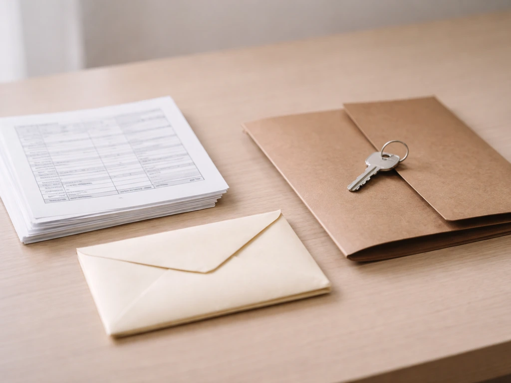 Minimal desk scene with IRS 990-style forms, a sealed envelope, and a key with a real-estate folder
