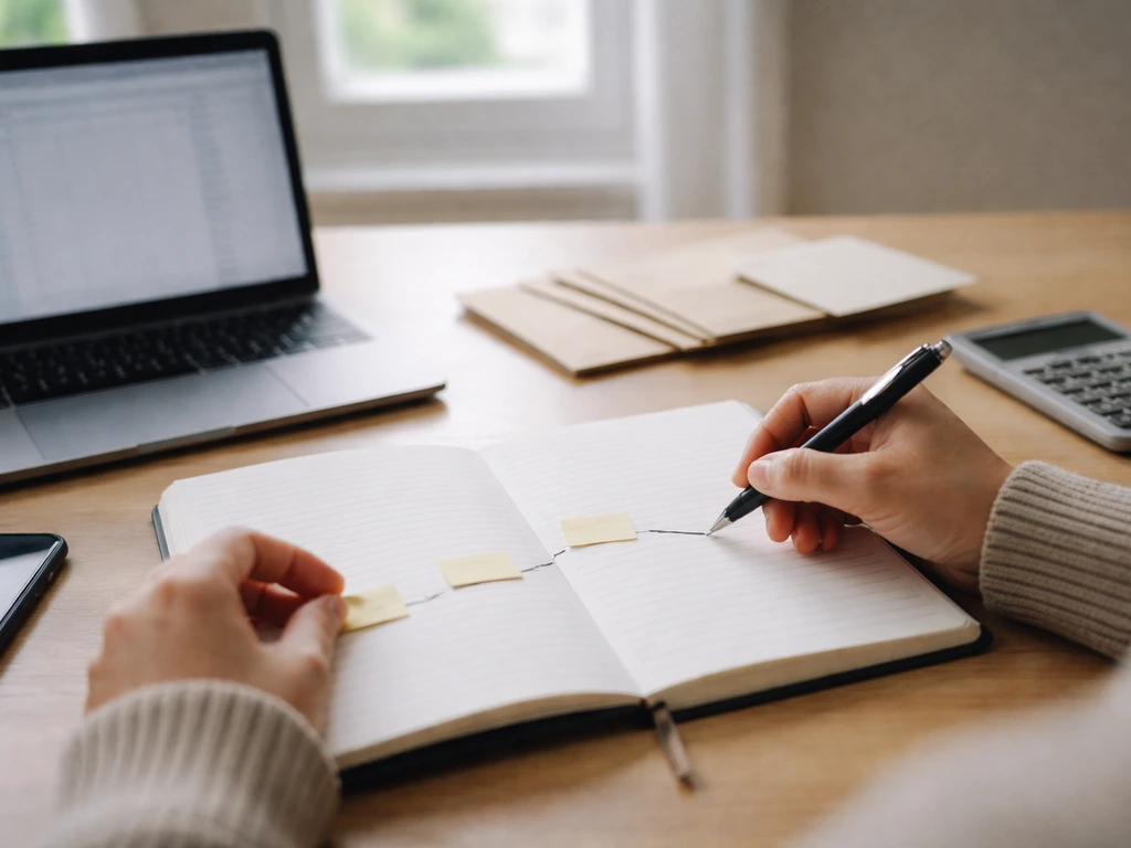 Person at a desk mapping income estimates on a notebook beside a laptop and phone with cash envelopes