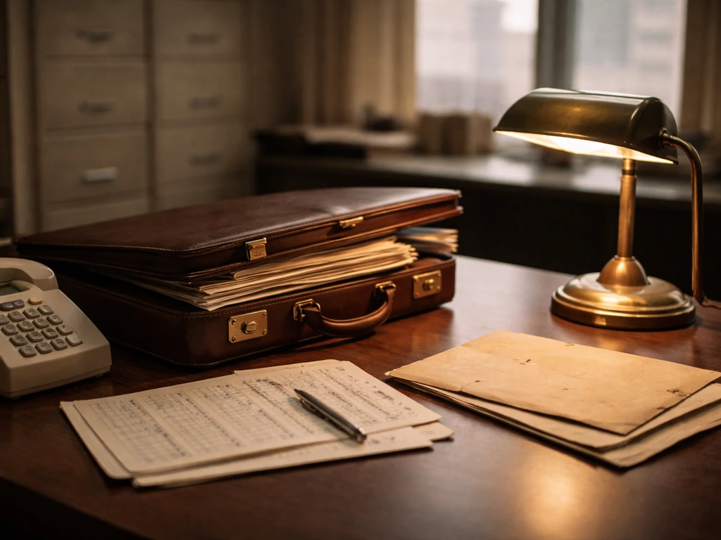 Archival banker desk with briefcase, paperwork, and vintage phone in a muted office setting.