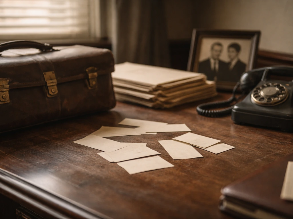Vintage real estate office desk with briefcase, folders, and blurred framed photo in warm natural light.