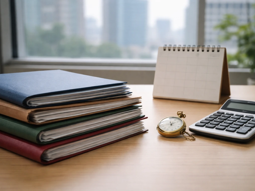 Minimal finance-office desk with documents, a calendar, and a pocket watch symbolizing changing net-worth snapshots.