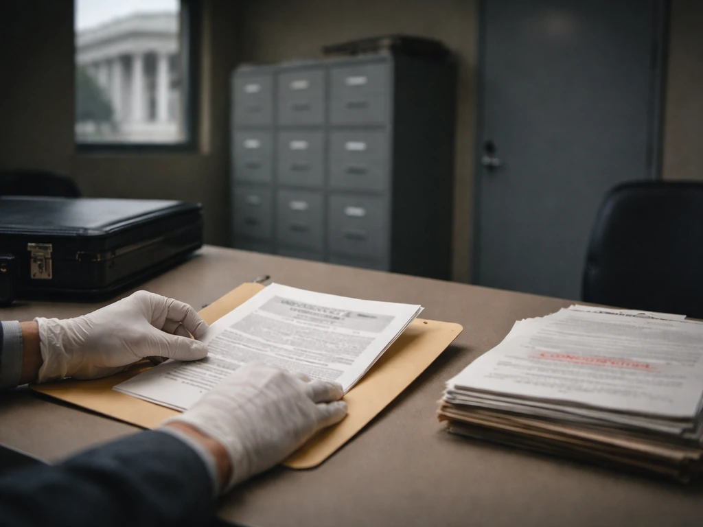Gloved hands place inspection documents into a folder on a desk in a sparse bank office lobby.