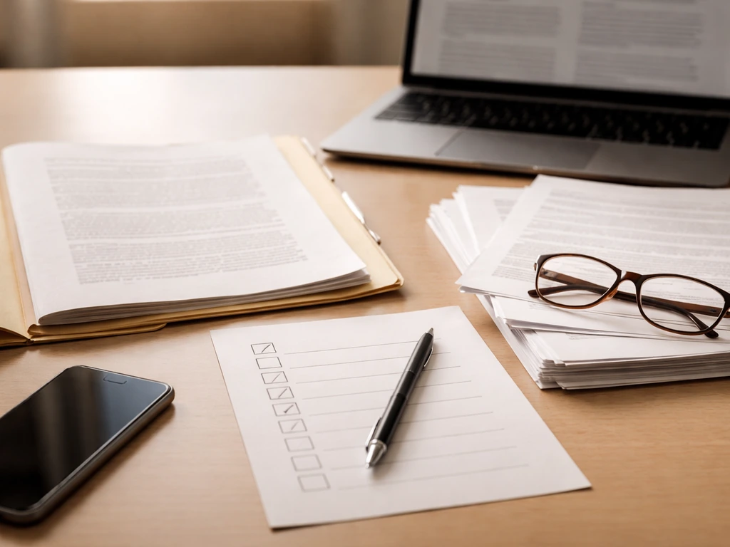 Close-up of a legal desk with papers and a checklist beside a computer showing a court decision page