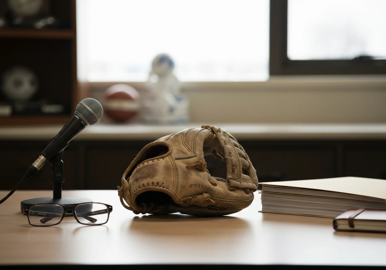 Minimal office scene with a baseball-themed item, hinting at a baseball executive identity without showing a person.