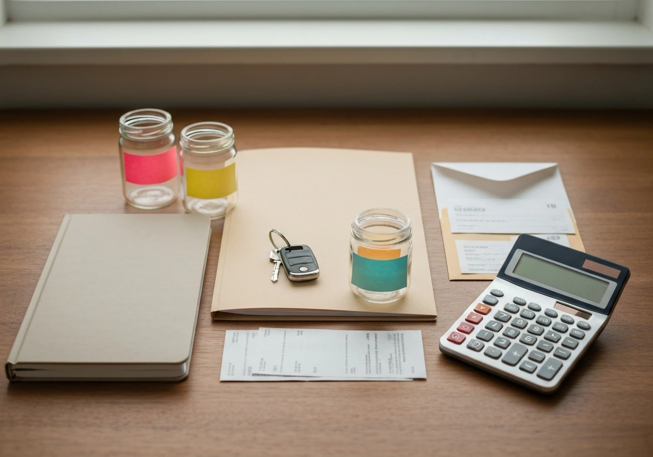 Minimal desk scene with a notebook showing assets and liabilities categories for net worth estimates.