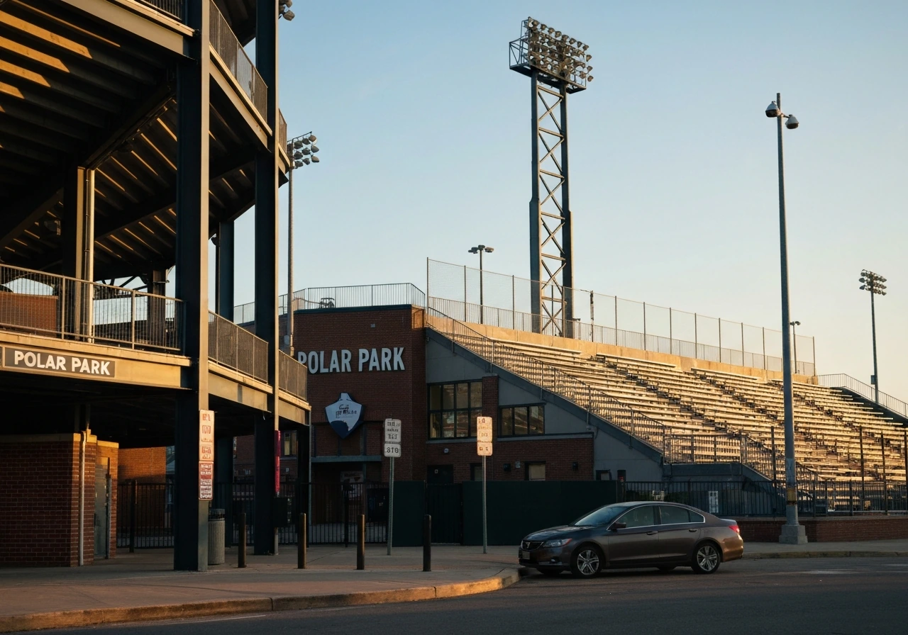 Polar Park stadium exterior in Worcester with quiet baseball atmosphere at golden hour.