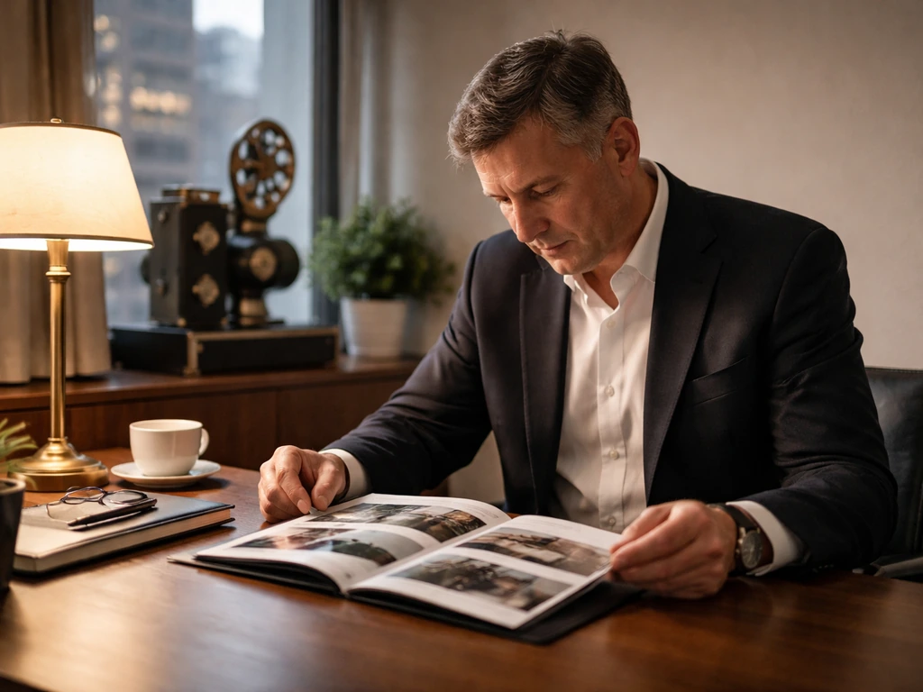 Focused close-up of an anonymous man in a New York-style office, with a film projector and real estate folder.