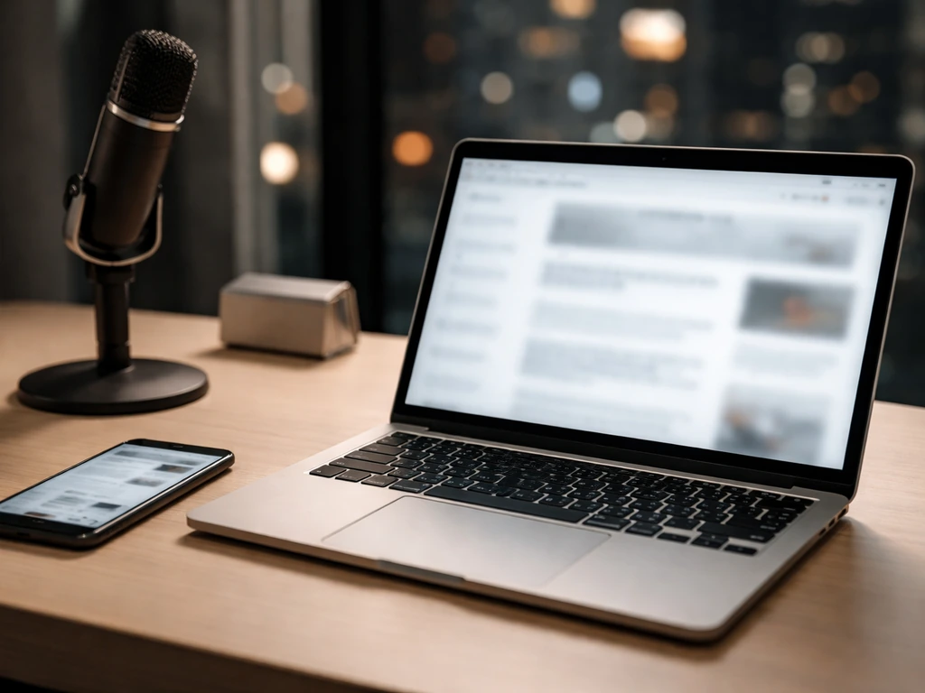 Minimal office desk with laptop and blurred finance headlines, smartphone, city bokeh—symbolic business verification.