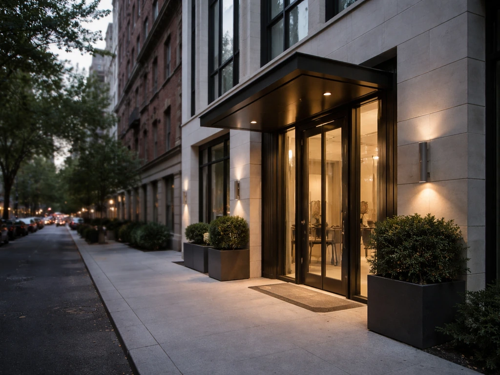 Luxury Manhattan apartment building entrance with warm lobby light and glass facade, minimal street scene.