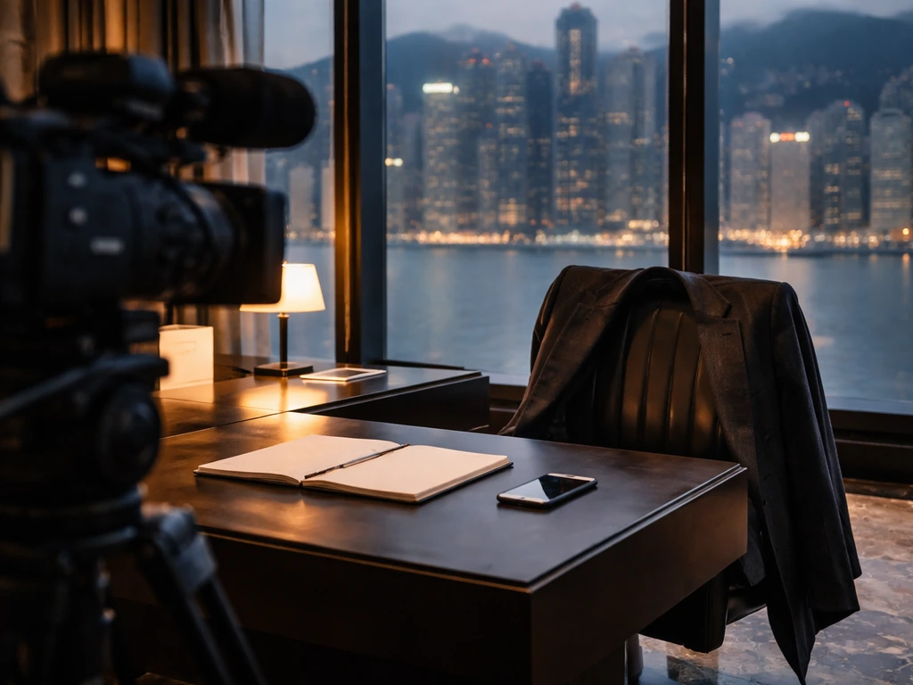 Empty luxury media office in Hong Kong with skyline view and camera equipment, symbolizing entertainment wealth.