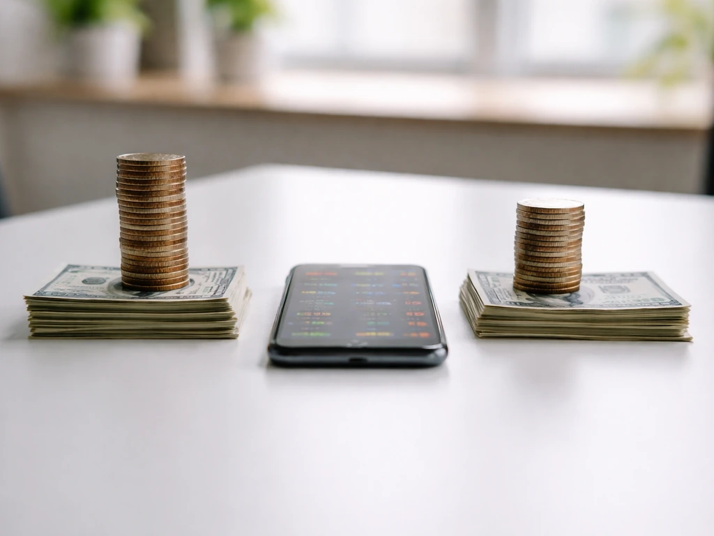 Minimal office scene with two stacks of cash and a smartphone showing conflicting figures