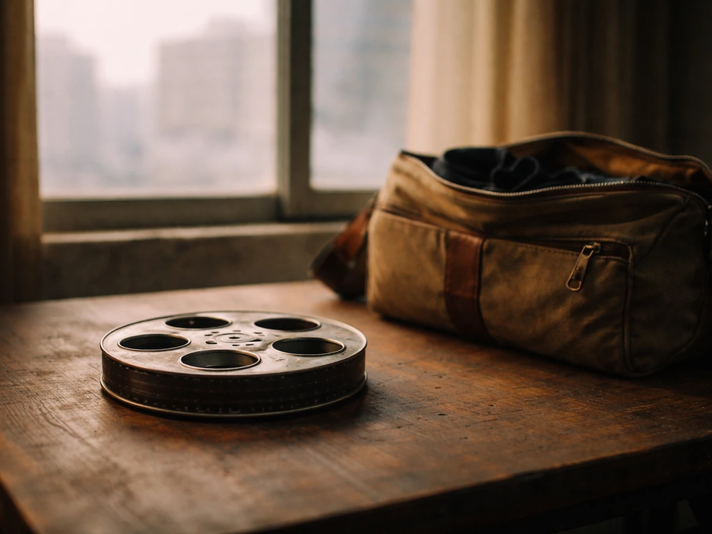 Vintage 35mm film reel and production gear on a wooden table with a soft city backdrop.