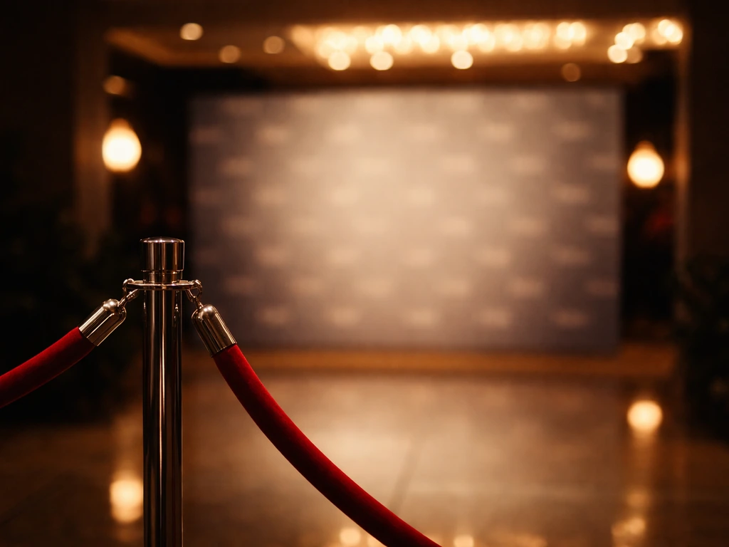 Red velvet stanchion and warm event backdrop with blurred glamour lights, evoking a modern entertainment era.