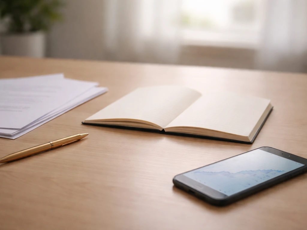 Minimal office desk with scattered documents and a smartphone showing a blurred finance-style graph trend