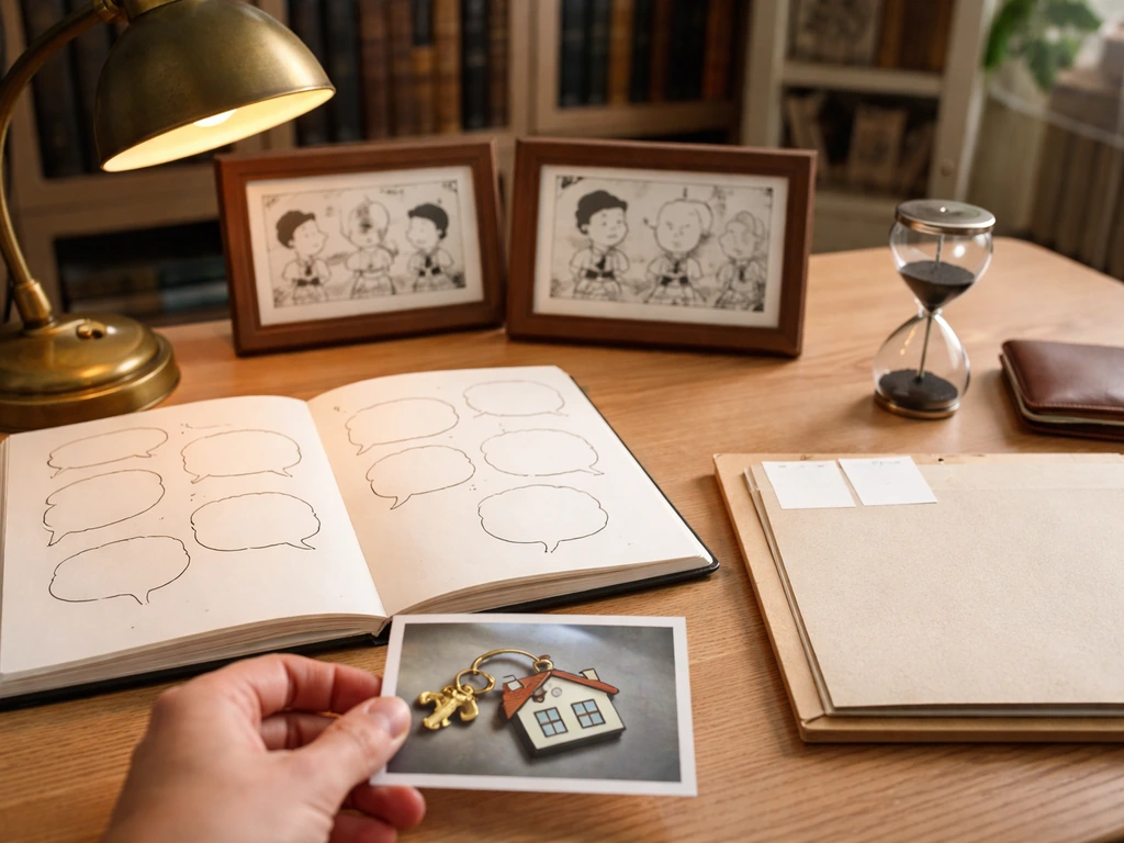 Desk with vintage lamp, blank comic panels, and hourglass symbolizing life vs. at-death wealth.
