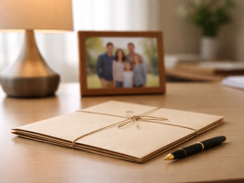 Minimal desk scene with a sealed contract folder, a fountain pen, and a blurred family photo frame in soft light.