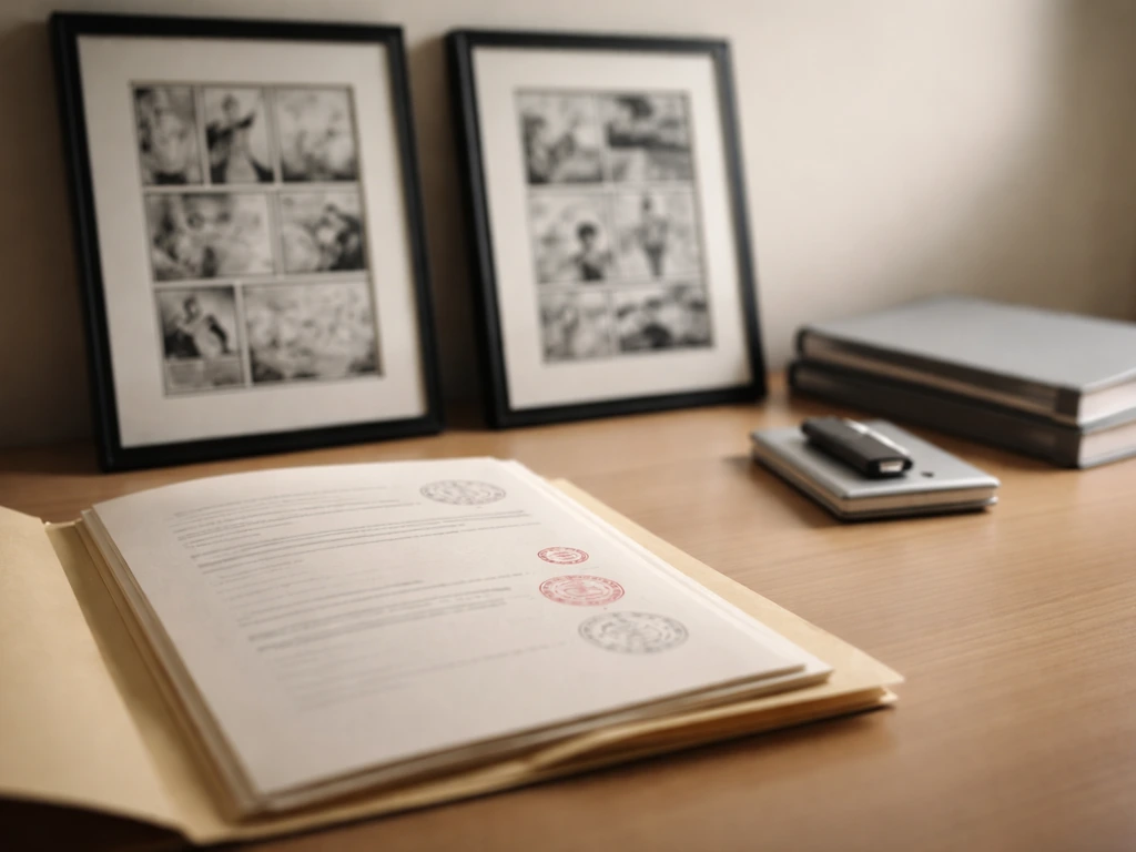 Close-up of legal-style documents in a folder beside framed comic art and studio items, symbolizing estate valuation.
