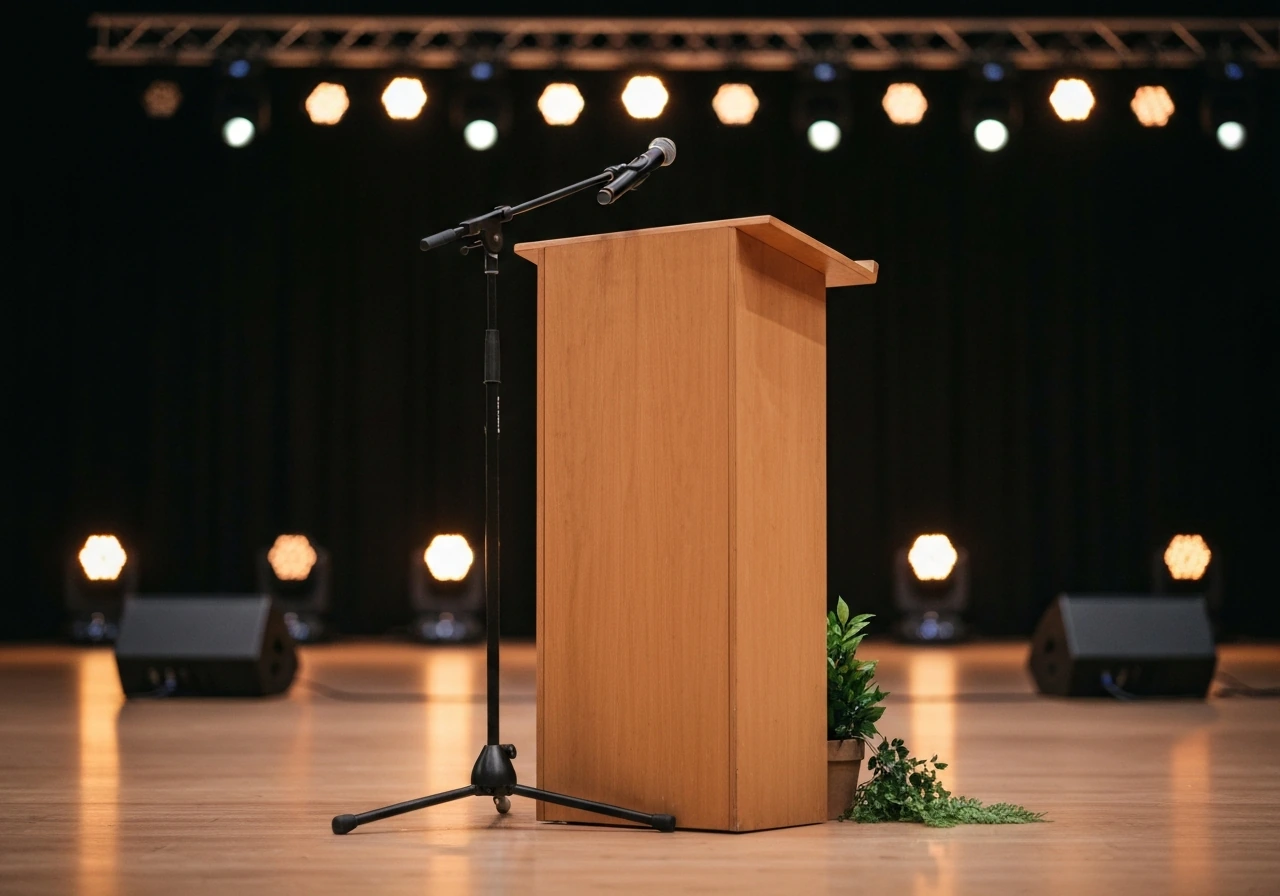 Minimal photo of a lectern and microphone in a dim auditorium with soft stage lights and subtle nature tones.