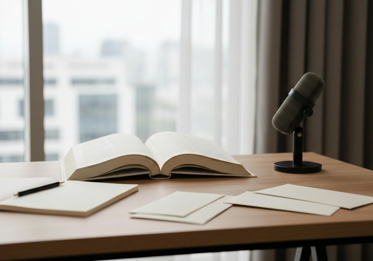 Minimal photo of a quiet desk with microphone, open book, and scattered envelopes suggesting multiple income sources.