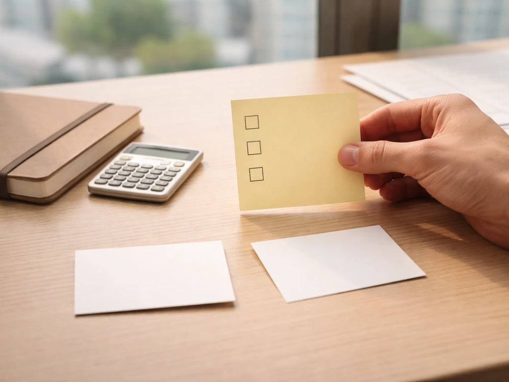 Hand flipping sticky note checklist beside a calculator on a tidy office desk, money-reliability theme
