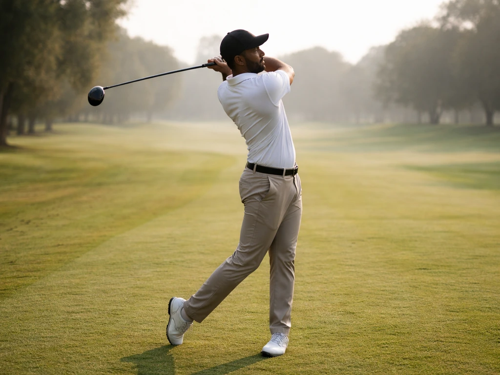 Golfer mid-swing on a quiet fairway, motion blur on the club, natural morning light.