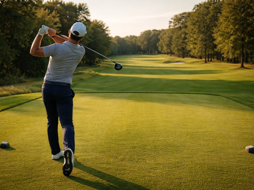 Golfer teeing off on a quiet pro course at golden hour, symbolizing career earnings and sponsorships.