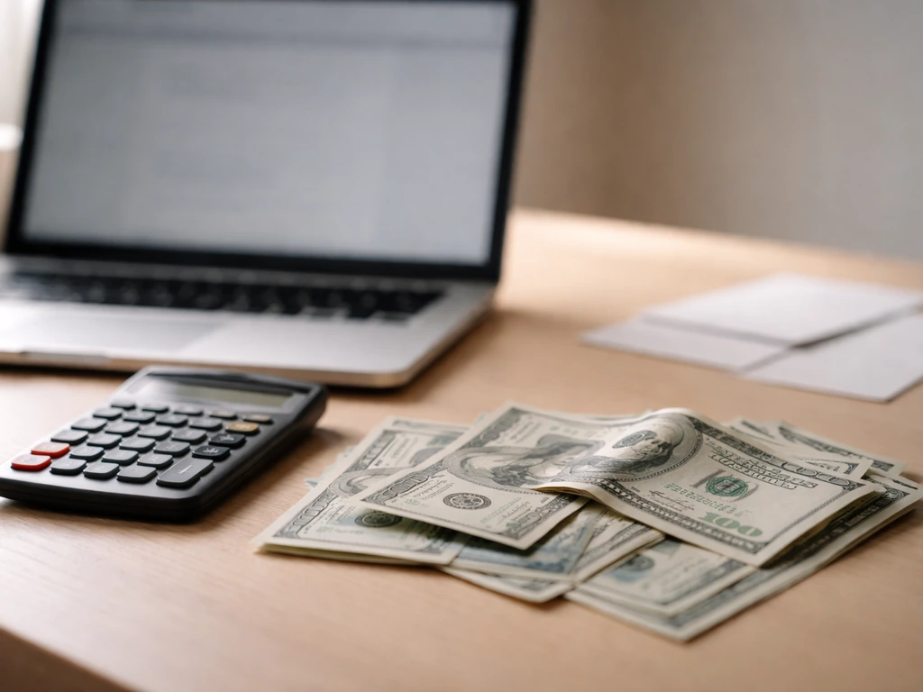 Close-up of a laptop on a desk next to scattered dollar bills and a calculator, suggesting conflicting wealth estimates.