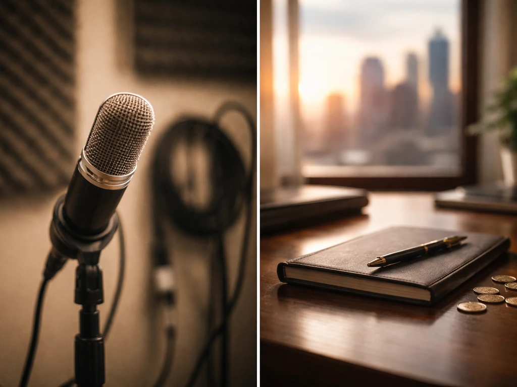 Split-scene photo: studio microphone on one side and desk/coins with skyline on the other, symbolizing media vs wealth.