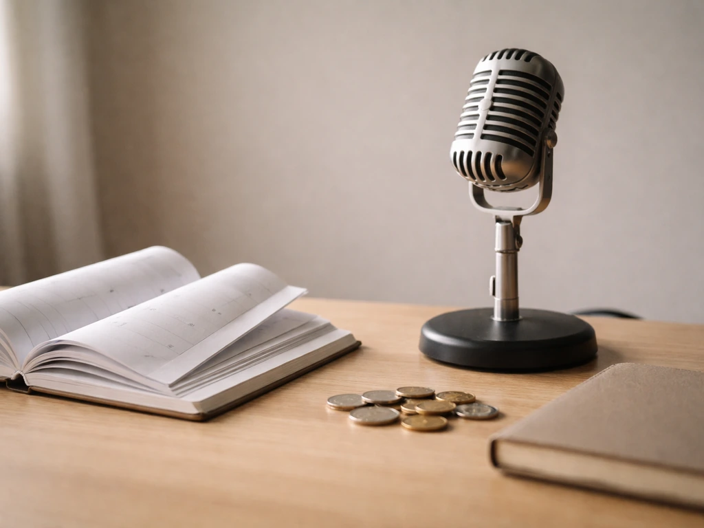 Minimal desk scene with microphone, calendar pages, and coins symbolizing career milestones and earnings over time.